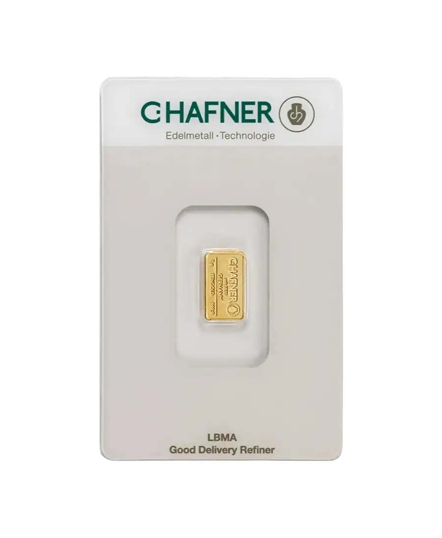avant du lingot étampé de 1 Gramme de C. HAFNER d'or pur 24K en vente disponible chez VIRTU LUXURY