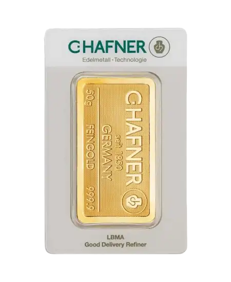 avant du lingot étampé de 50 Grammes de C. HAFNER d'or pur 24K en vente disponible chez VIRTU LUXURY