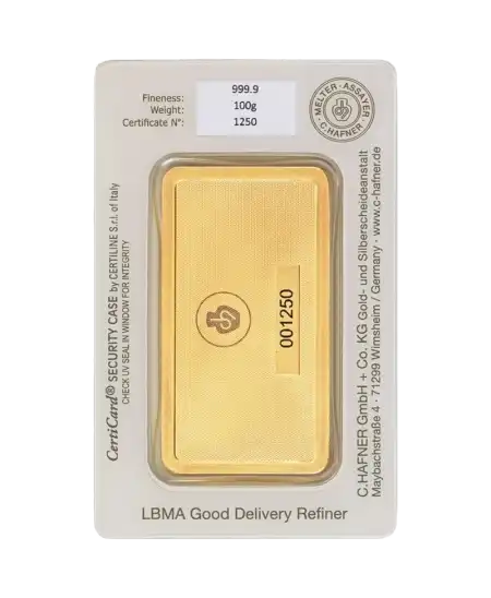 arrière du lingot de 100 Grammes de C. HAFNER d'or pur 24K en vente disponible chez VIRTU LUXURY