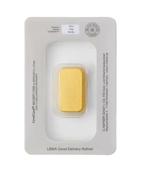 arrière du lingot coulé de 250 Grammes de C. HAFNER d'or pur 24K recyclé et coulé en vente disponible chez VIRTU LUXURY