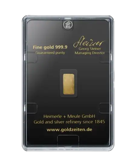 arrière du lingot de 2,5 Grammes de HEIMERLE + MEULE d'or pur 24K recyclé en vente disponible chez VIRTU LUXURY