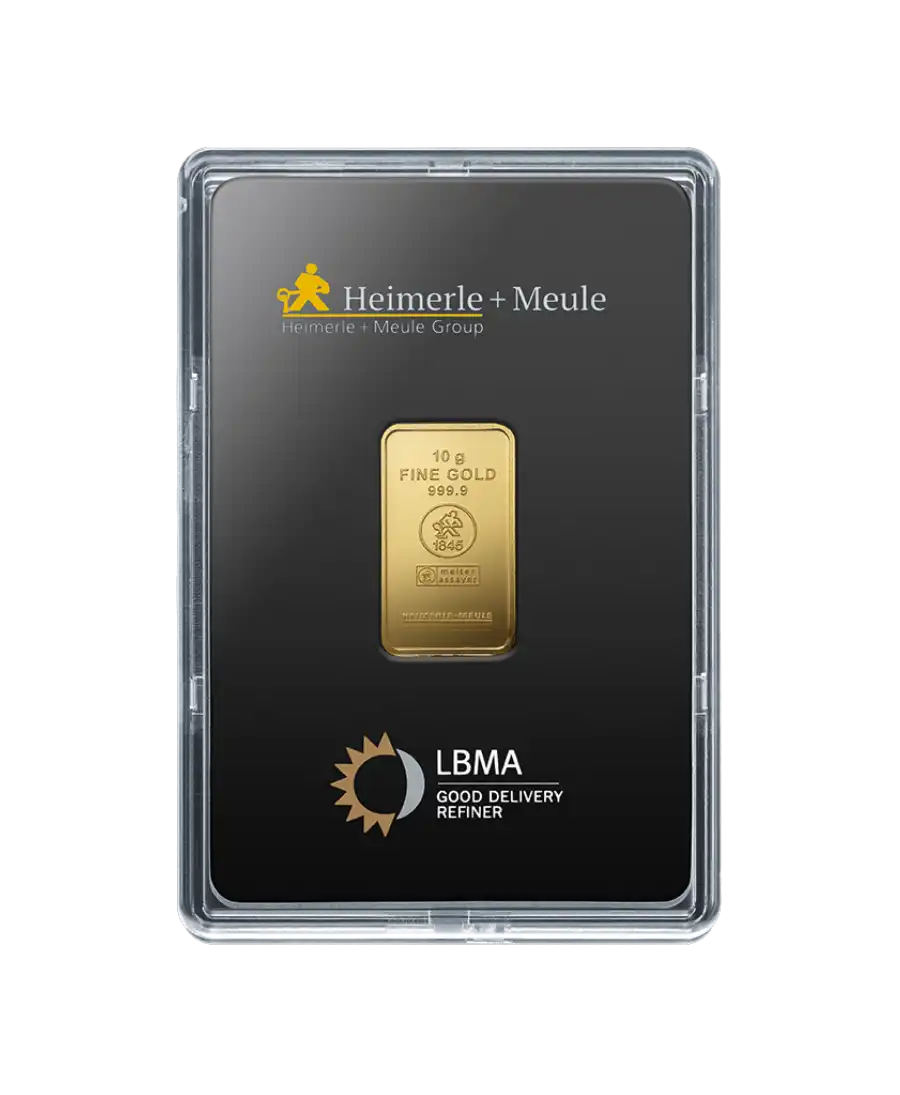 avant du lingot frappé de 10 Grammes de HEIMERLE + MEULE d'or pur 24K en vente disponible chez VIRTU LUXURY