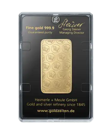 arrière du lingotin 50 Grammes de HEIMERLE + MEULE d'or pur 24K recyclé en vente disponible chez VIRTU LUXURY