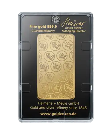 arrière du lingotin cent Grammes de HEIMERLE & MEULE d'or pur 24K recyclé en vente disponible chez VIRTU LUXURY