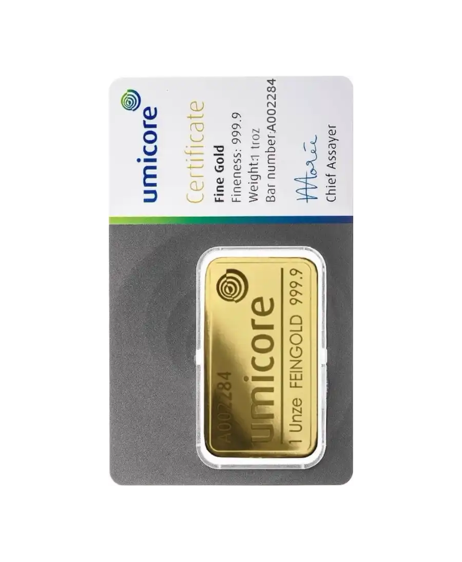 avant du lingot étampé de une once de UMICORE d'or pur 24K recyclé en vente disponible chez VIRTU LUXURY