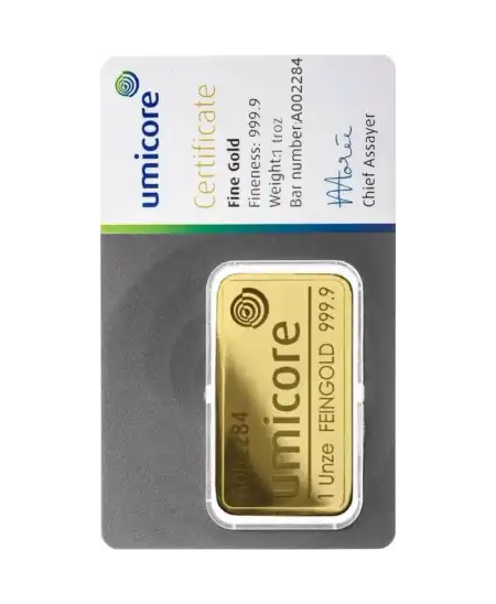 avant du lingot étampé de une once de UMICORE d'or pur 24K recyclé en vente disponible chez VIRTU LUXURY